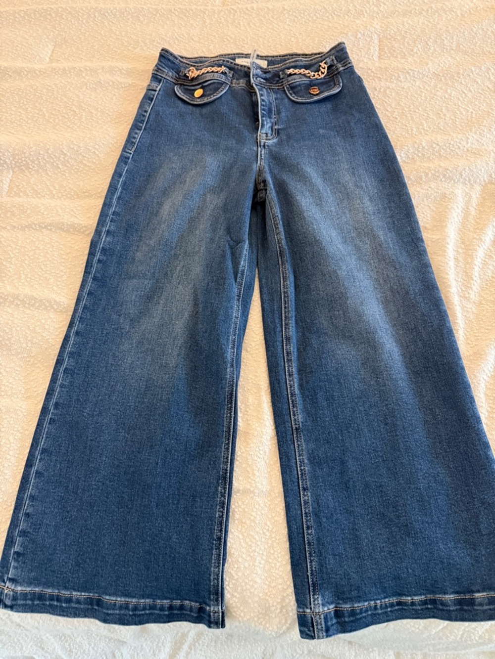 Rose gold embellished Wide Leg Jeans in Dark Blue with Chain Accent